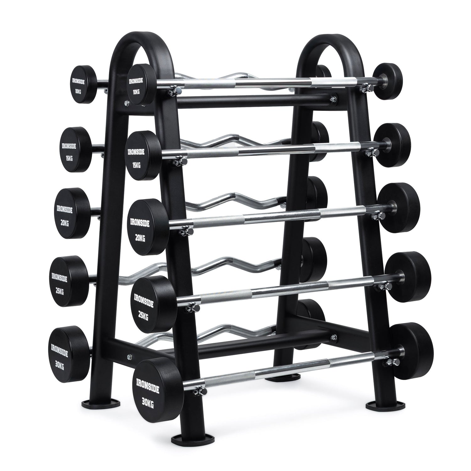 Set 10 Barras Mixtas Peso Fijo CPU (10 a 30kg) + Rack de Almacenamiento IRONSIDE