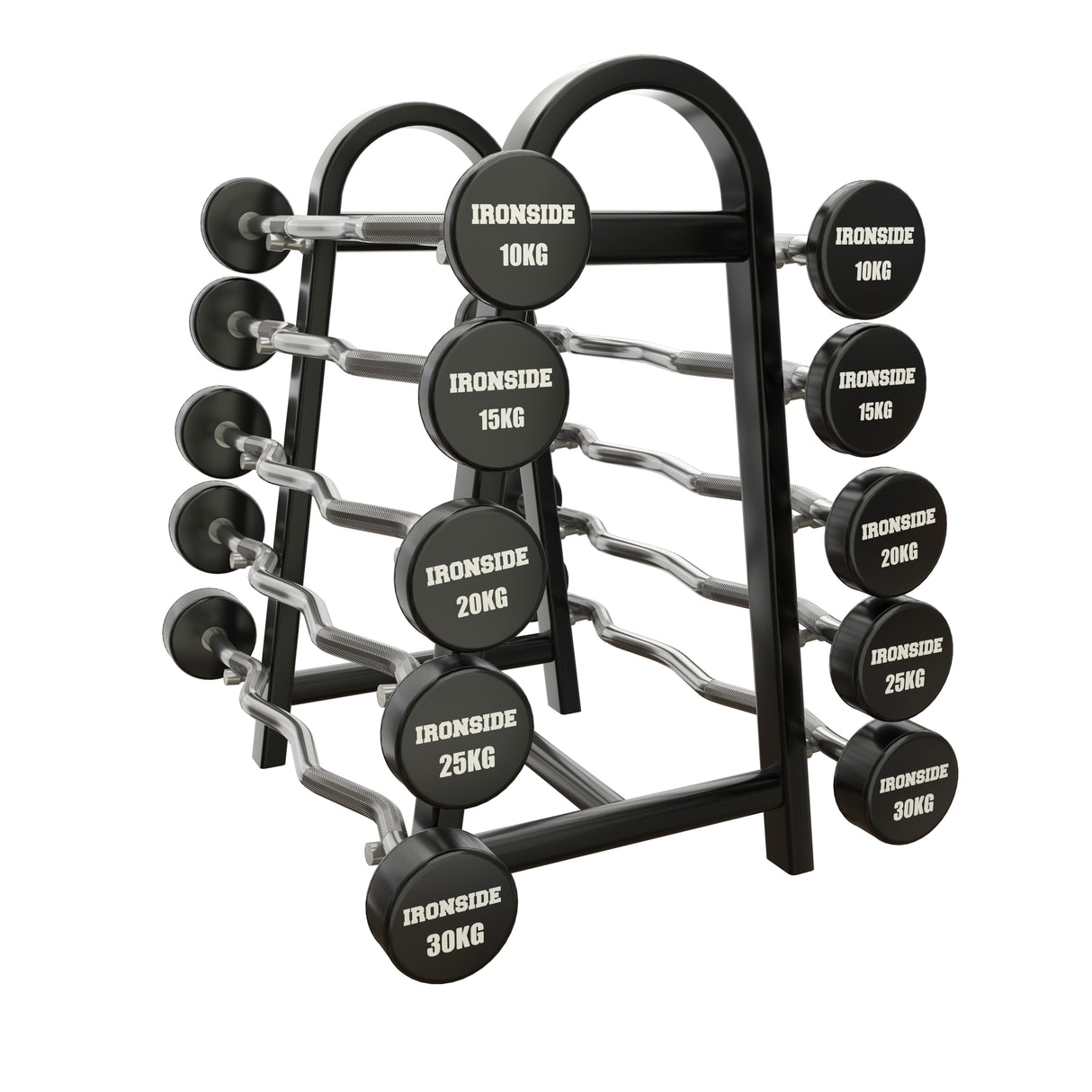 Set 10 Barras EZ Peso Fijo CPU (10 a 30kg) + Rack de Almacenamiento IRONSIDE