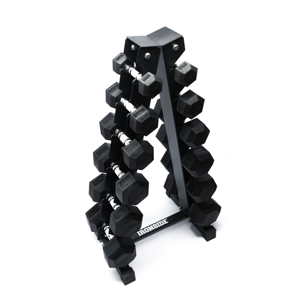 Set IRONSIDE 105Kg Mancuernas Hexagonales 2.5kg - 15 Kg + Rack de Almacenamiento Triangular