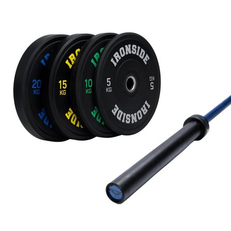Pack IRONSIDE Barra Cerakote 20 kg + Set 100 kg Discos Pro Bumper