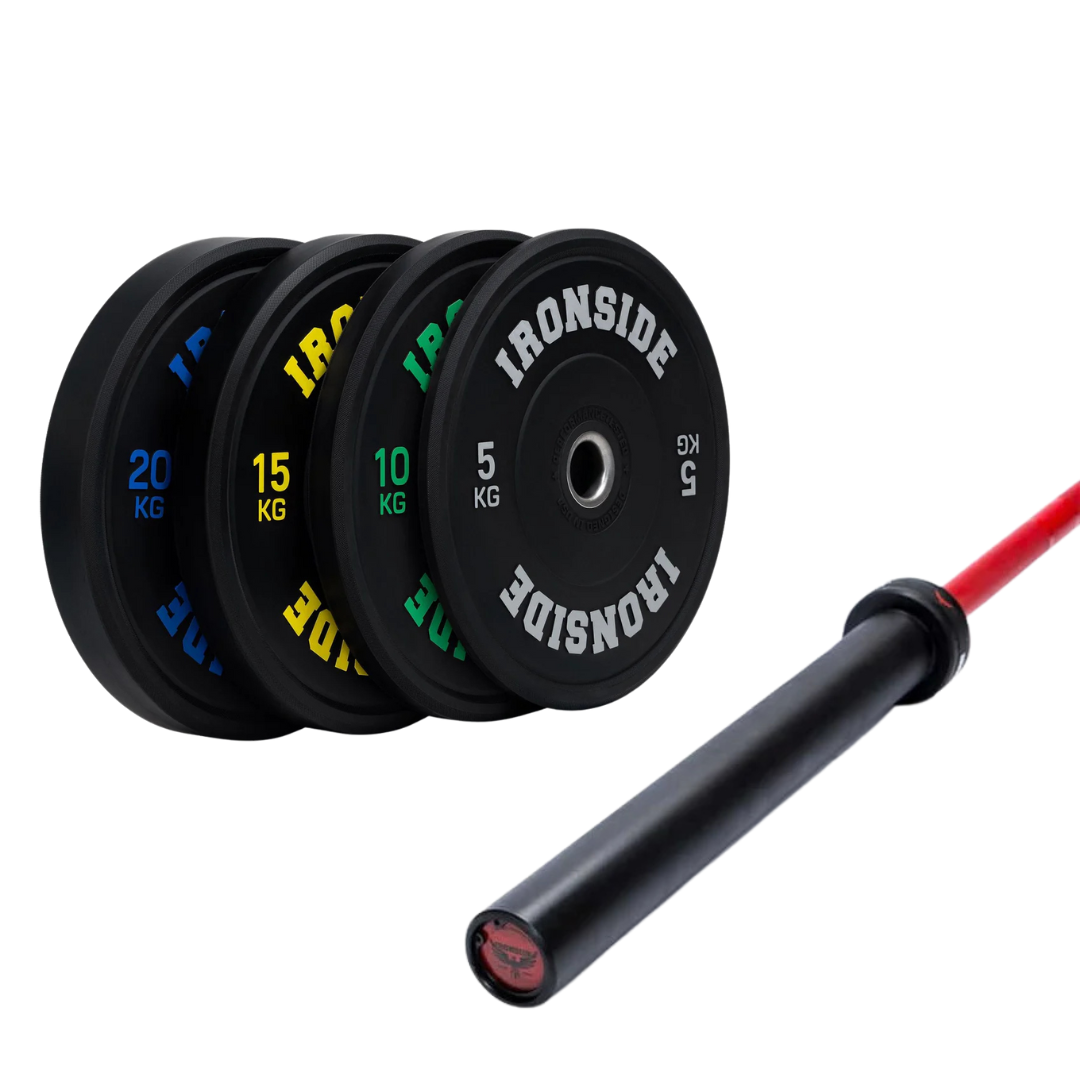 Pack IRONSIDE Barra Cerakote 20 kg + Set 100 kg Discos Pro Bumper