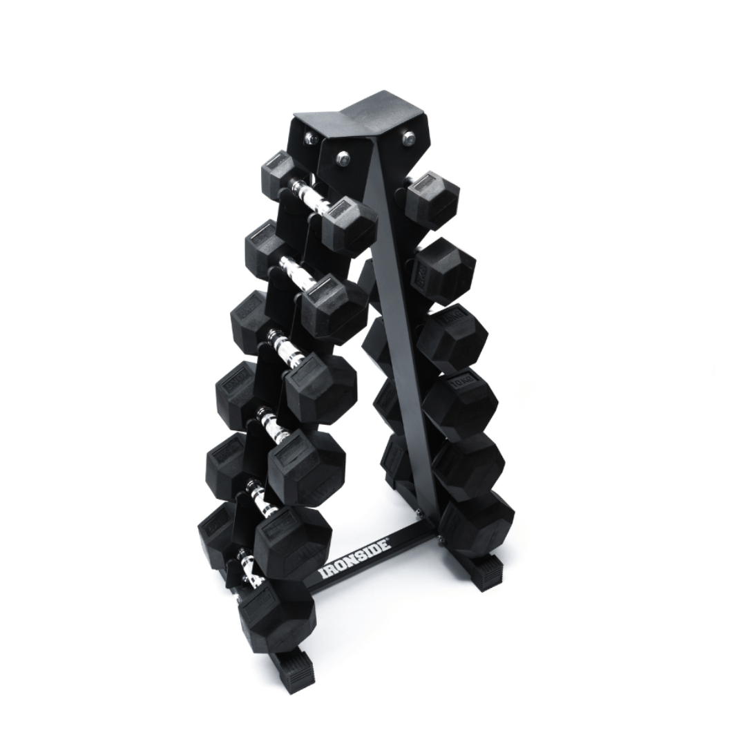 Set IRONSIDE 105Kg Mancuernas Hexagonales 2.5kg - 15 Kg + Rack de Almacenamiento Triangular