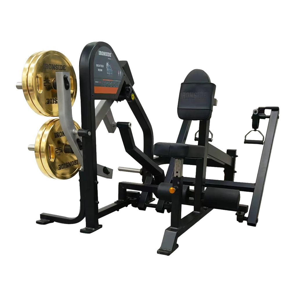 Remo sentado plate loaded con ajuste preciso y resistencia modulable, ideal para dorsales profundos, tracción controlada y uso intensivo en gimnasios.