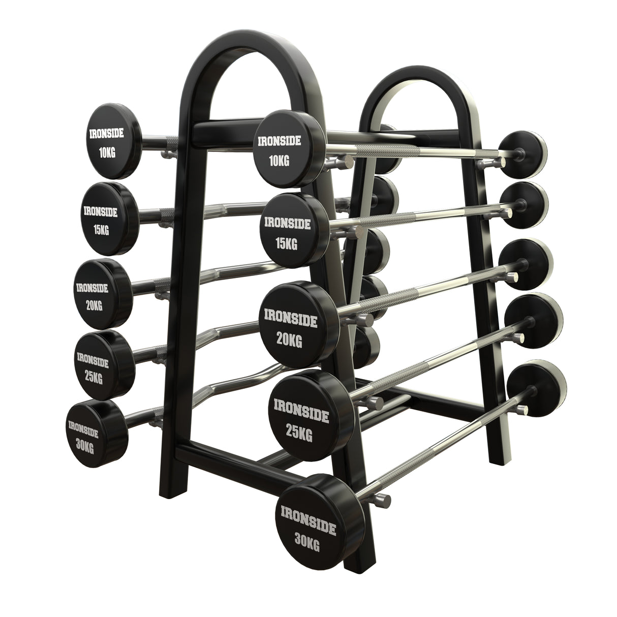 Set 10 Barras Mixtas Precargadas (10 a 30kg) + Rack de Almacenamiento IRONSIDE