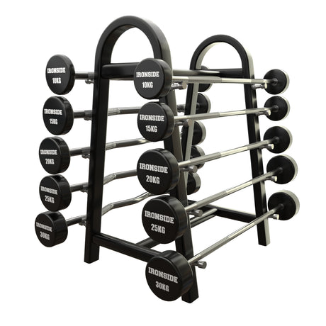Set 10 Barras Mixtas Precargadas (10 a 30kg) + Rack de Almacenamiento IRONSIDE