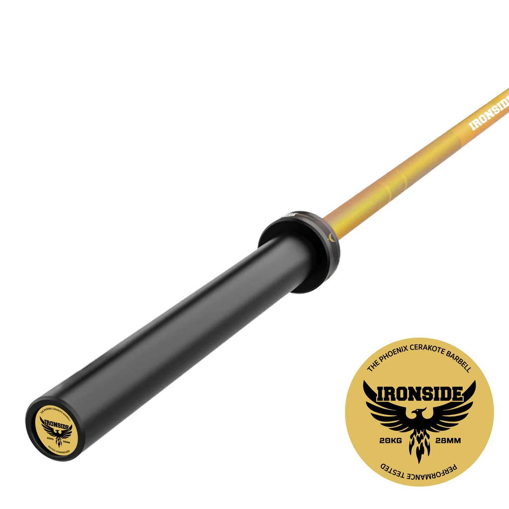 Pack IRONSIDE Barra Cerakote Gold (20 kg) + Set Discos Gold Chromed (100 o 150 kg) IRONSIDE