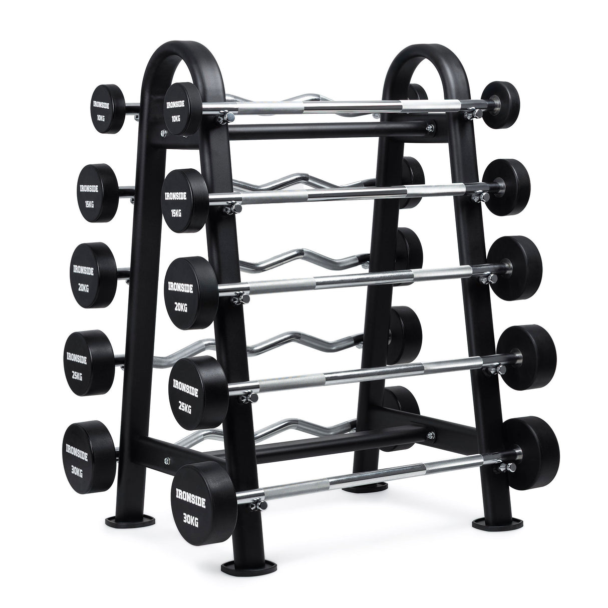 Set 10 Barras Mixtas Precargadas (10 a 30kg) + Rack de Almacenamiento IRONSIDE