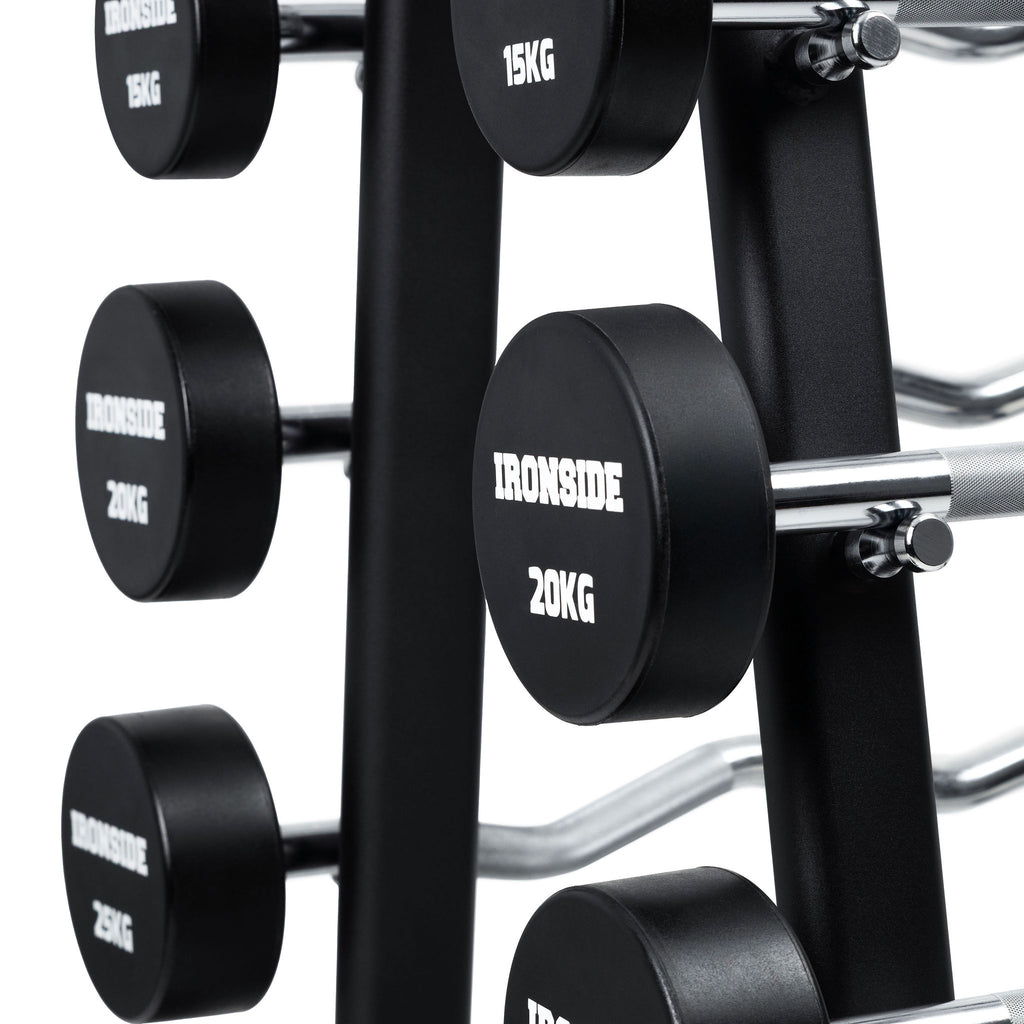 Pack IRONSIDE 10 Barras Peso Fijos PU (10 a 30 kg) + Rack de Almacenamiento