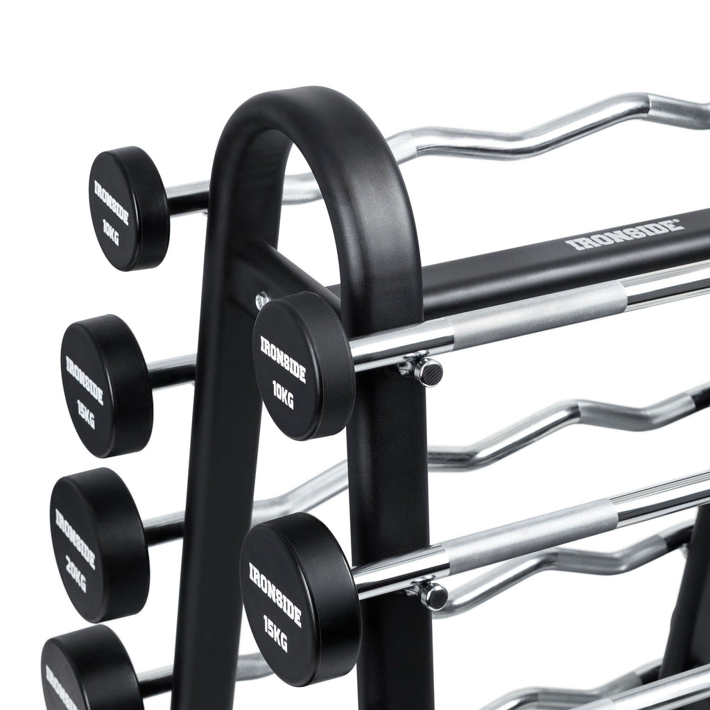Pack IRONSIDE 10 Barras Peso Fijos PU (10 a 30 kg) + Rack de Almacenamiento