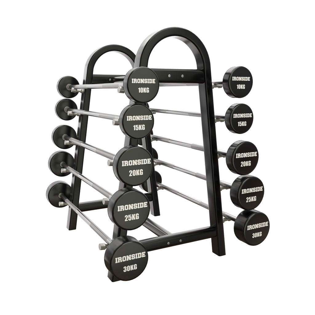 Pack IRONSIDE 10 Barras Peso Fijos PU (10 a 30 kg) + Rack de Almacenamiento