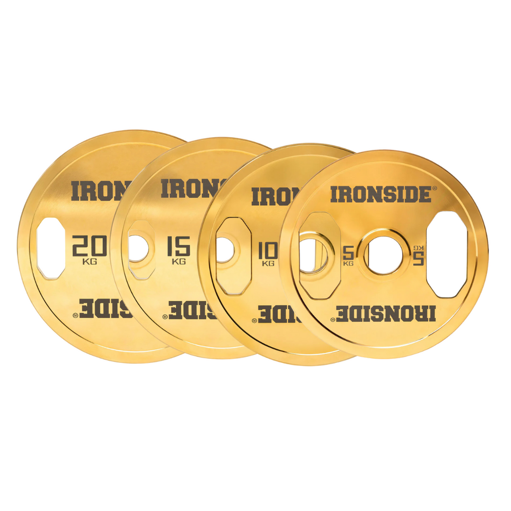 Pack IRONSIDE Barra Cerakote Gold (20 kg) + Set Discos Gold Chromed (100 o 150 kg) IRONSIDE
