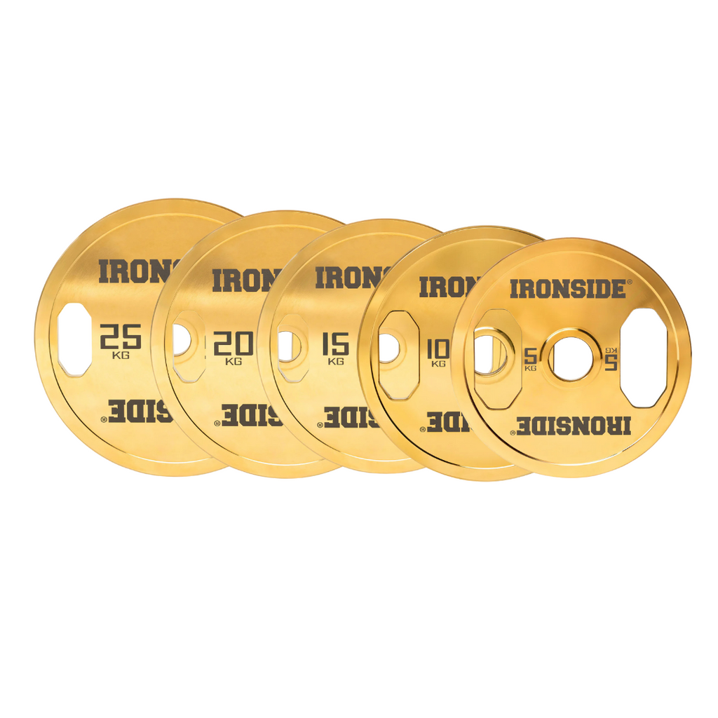 Pack IRONSIDE Barra Cerakote Gold (20 kg) + Set Discos Gold Chromed (100 o 150 kg) IRONSIDE