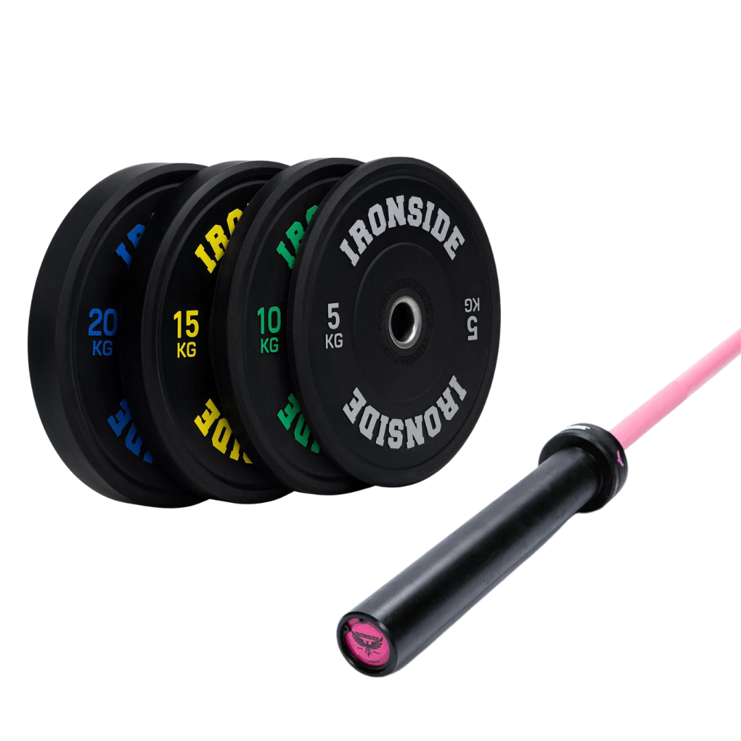Pack IRONSIDE Barra Rosada Phoenix Cerakote (15 kg) + Set Discos PRO (100 kg o 150 kg)