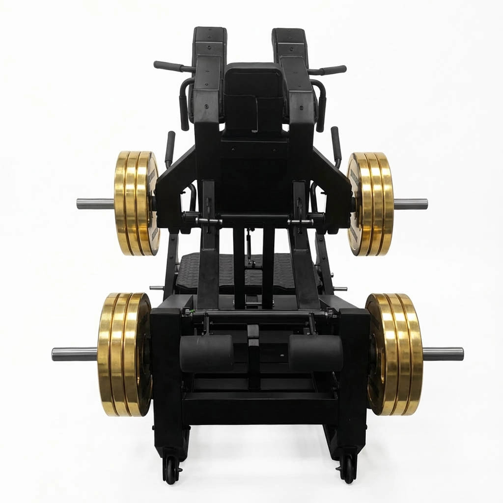 V-squat plate loaded comercial con trayectoria guiada, enfoque en glúteos y cuádriceps, bajo impacto articular y estructura estable para uso intensivo.