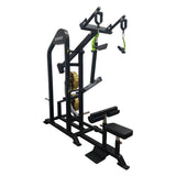 Lat Pulldown plate loaded profesional con manillas rotatorias, brazos ajustables y alta estabilidad para tracción vertical precisa en uso comercial intensivo.