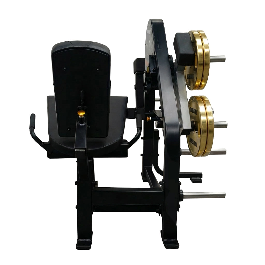 Máquina leg extension plate loaded con torque inteligente, ajustes multiposición y estructura comercial. Ideal para cuádriceps fuertes y trabajo técnico seguro.